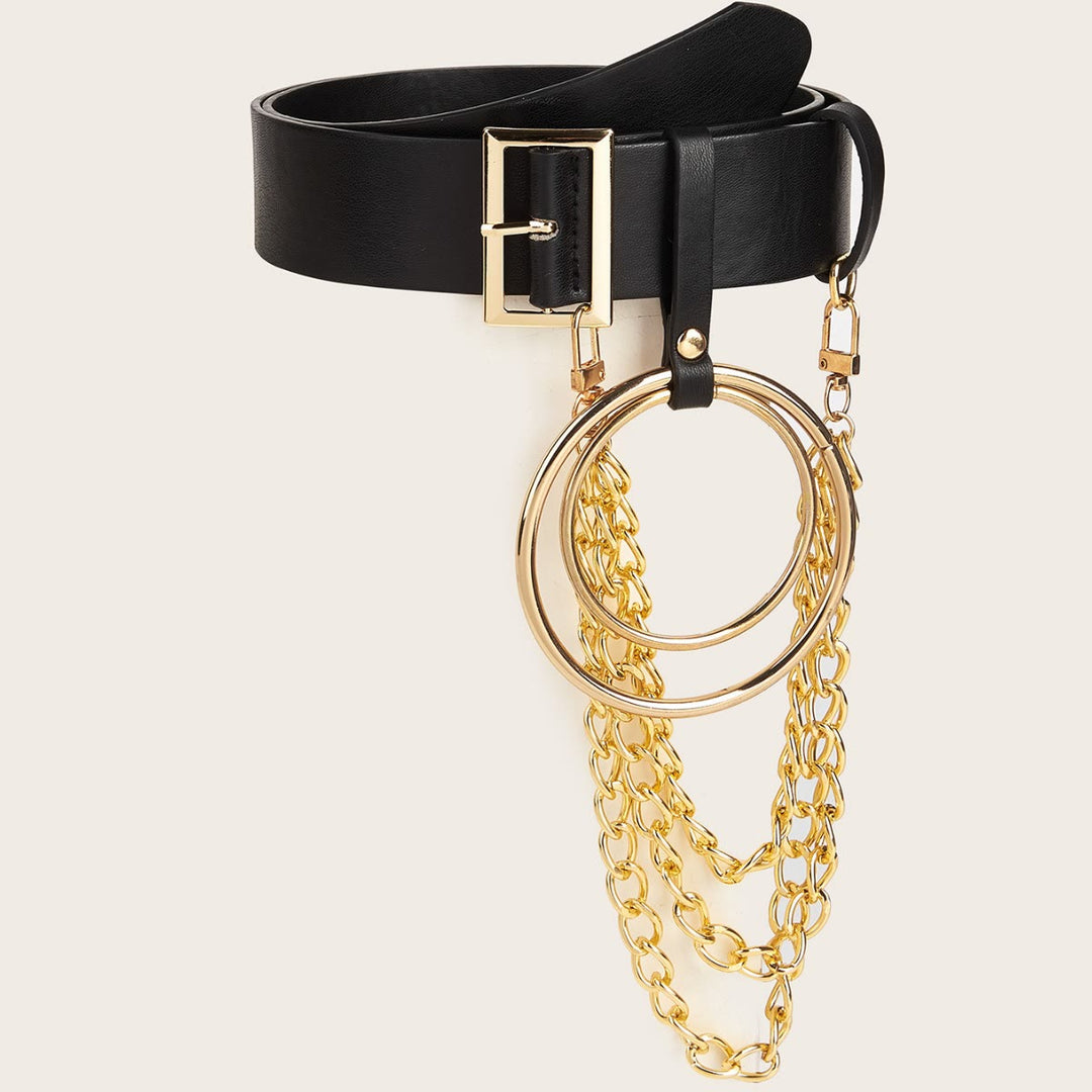Punk-Ledergürtel mit rundem Ring, Metallkettengürtel