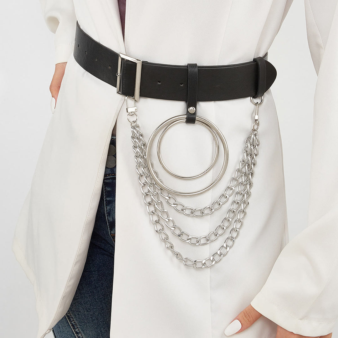 Punk-Ledergürtel mit rundem Ring, Metallkettengürtel