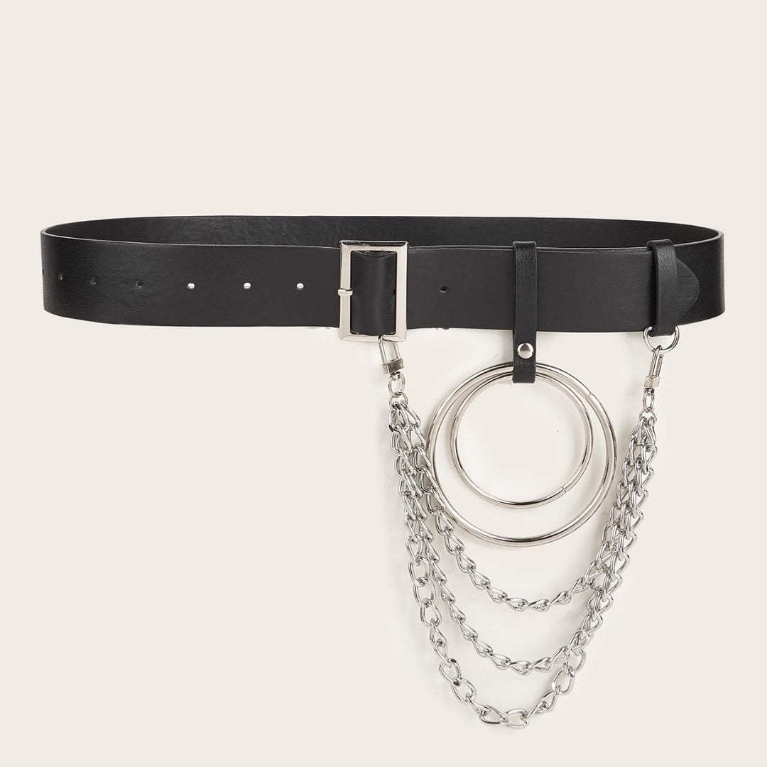 Punk-Ledergürtel mit rundem Ring, Metallkettengürtel