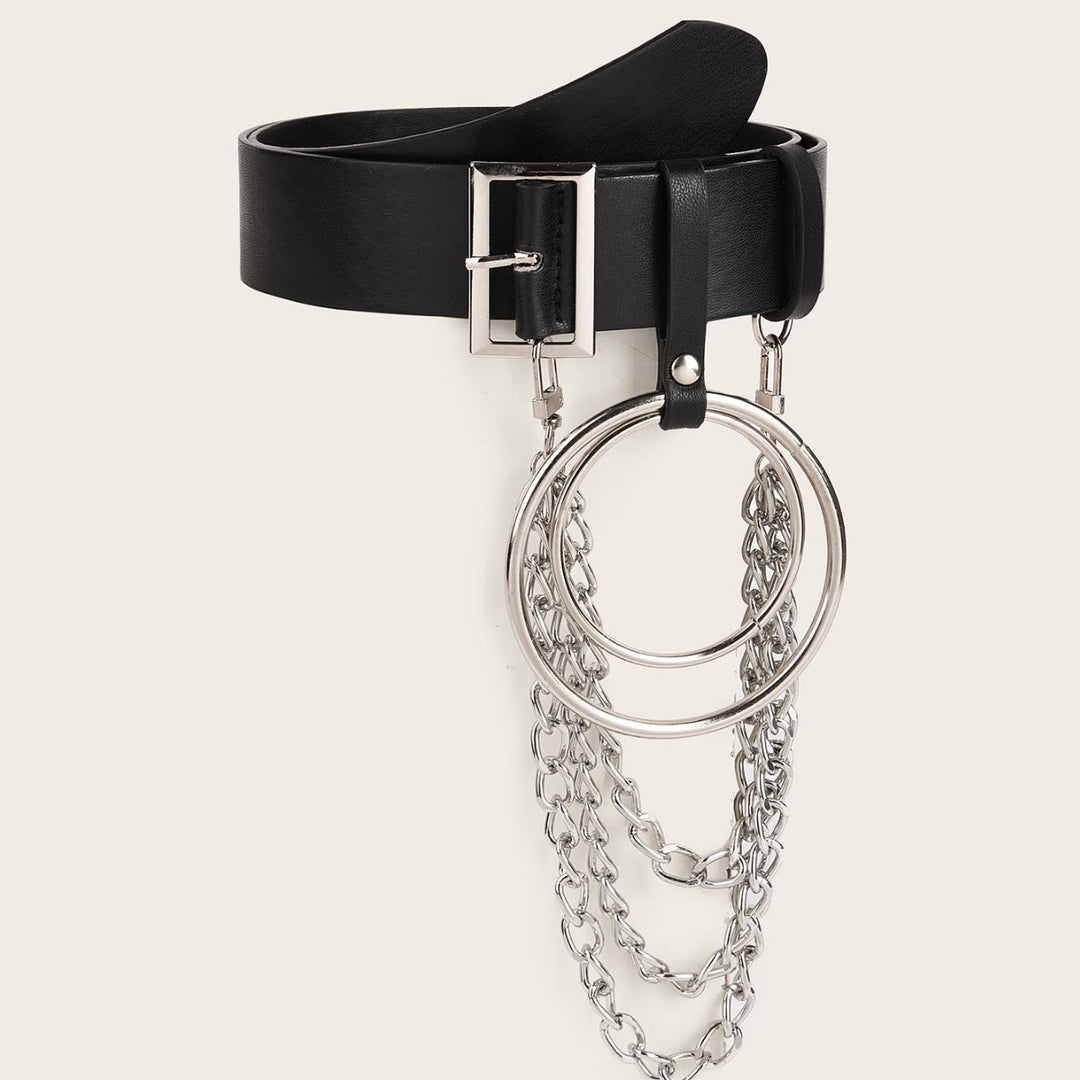 Punk-Ledergürtel mit rundem Ring, Metallkettengürtel