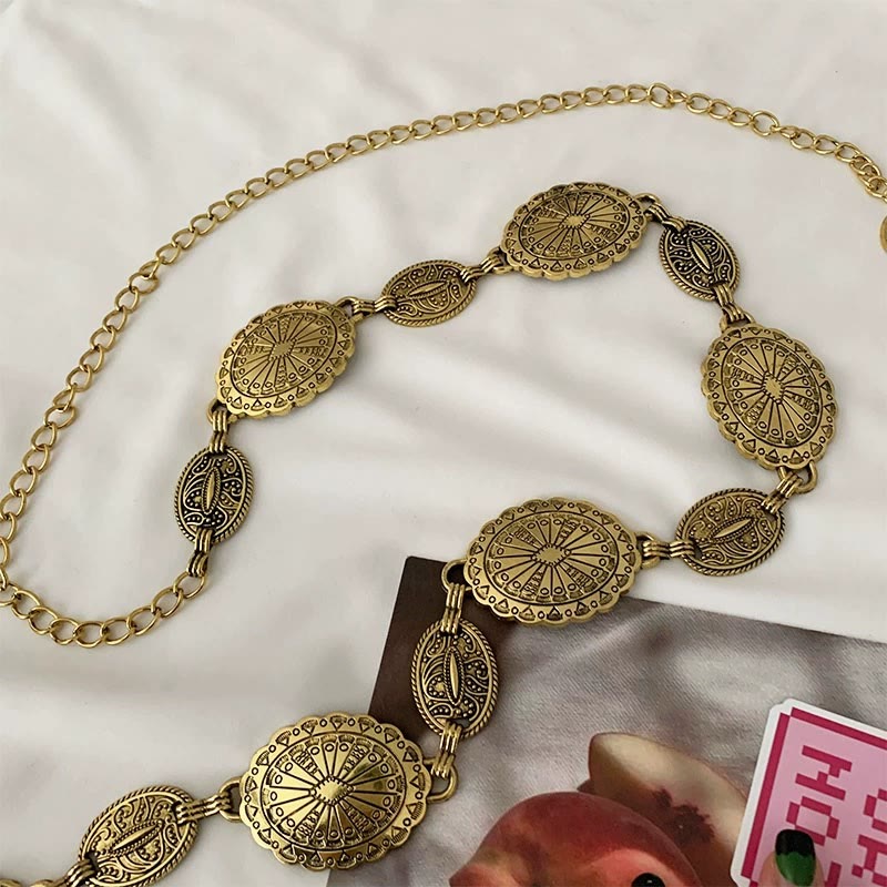 Vintage Ethno Geschnitzte Böhmische Kette Gürtel Metallkette