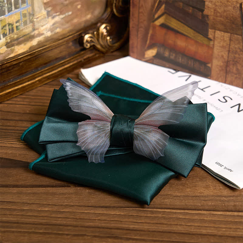 Herren-Set aus Vintage-Organza mit Schmetterlings-Fliege und Einstecktuch