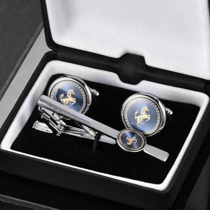 Manschettenknöpfe-Set mit Krawattennadel und laufendem Pferd für Hochzeitsanzug - image 1