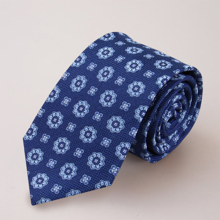 Blaue Herrenkrawatte aus Maulbeerseide mit Mini-Blumen