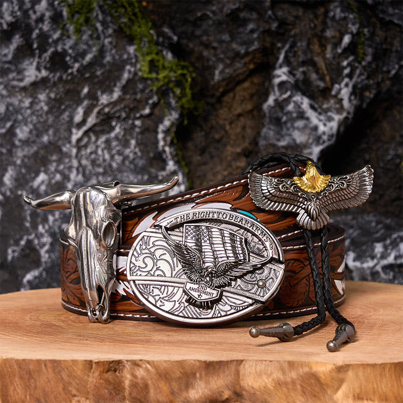 Adlerflagge DIY Gürtelschnalle mit verstecktem Messer und Adler-Bolo-Krawatte-Bundle-Set - Adlerflagge - Brauner Federgürtel - 40 - image 0