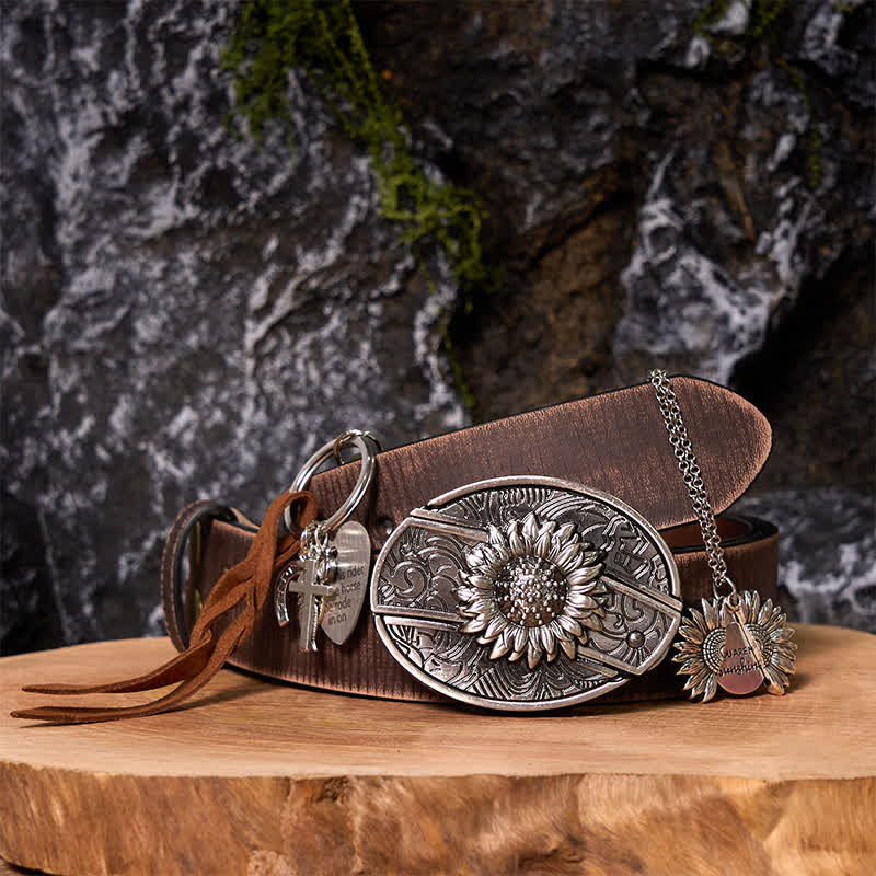 Western Sunflower DIY Verstecktes Messer Gürtelschnalle Halskette Schlüsselanhänger Bundle Set