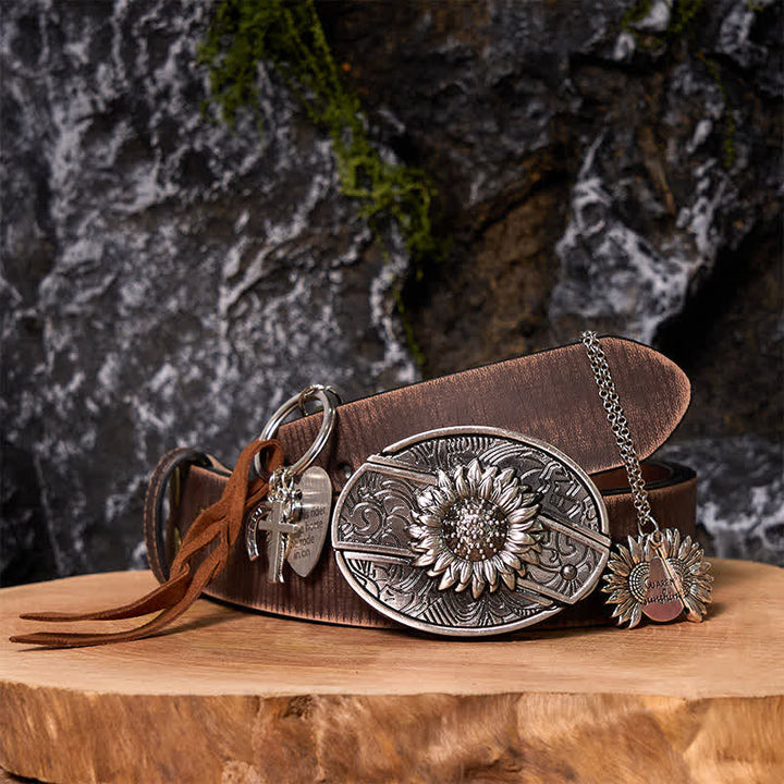 Western Sunflower DIY Verstecktes Messer Gürtelschnalle Halskette Schlüsselanhänger Bundle Set