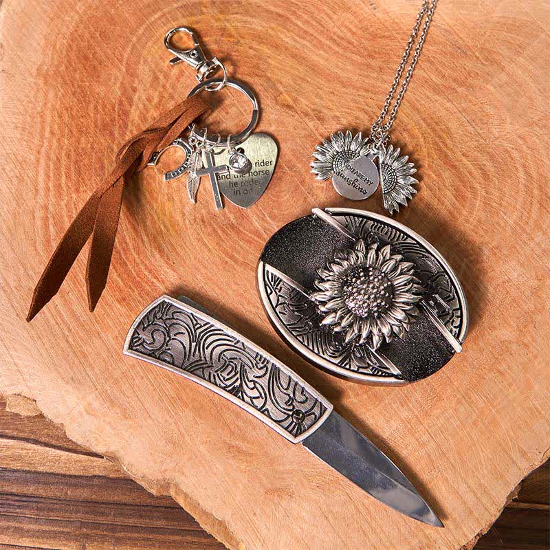 Western Sunflower DIY Verstecktes Messer Gürtelschnalle Halskette Schlüsselanhänger Bundle Set