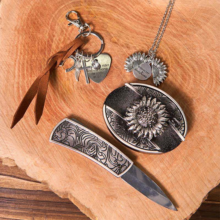 Western Sunflower DIY Verstecktes Messer Gürtelschnalle Halskette Schlüsselanhänger Bundle Set