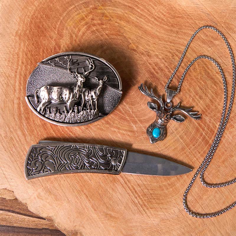 Hirschflagge DIY versteckte Messer Gürtelschnalle mit Geisterziegenring Bundle Set