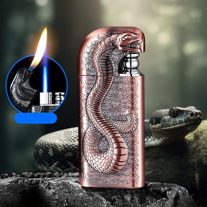 Nachfüllbares Butanfeuerzeug mit Doppelflammenprägung „Serpent King“
