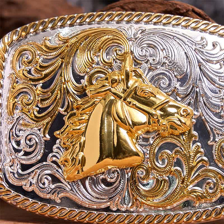 DIY-Ledergürtel mit großer Schnalle und Pferdekopf in Gold und Silber - image 4