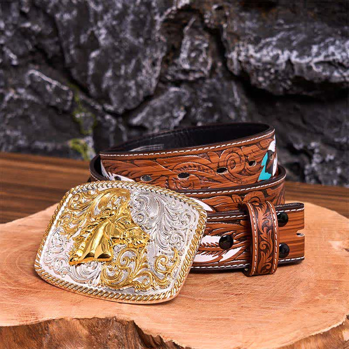 DIY-Ledergürtel mit großer Schnalle und Pferdekopf in Gold und Silber - Pferdekopf - Brauner Federgürtel - 40 - image 11