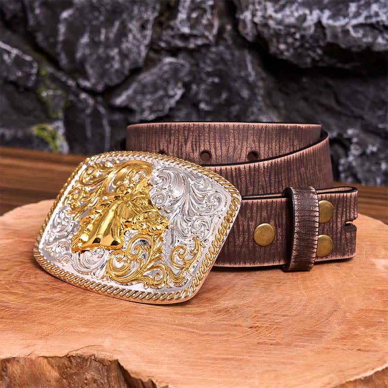 DIY-Ledergürtel mit großer Schnalle und Pferdekopf in Gold und Silber - Pferdekopf - Brauner Distressed-Gürtel - 42 - image 9