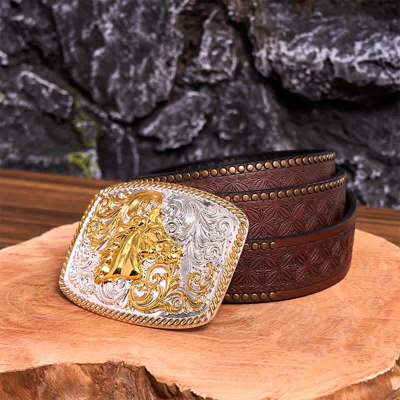 DIY-Ledergürtel mit großer Schnalle und Pferdekopf in Gold und Silber - Pferdekopf - Brauner Nietengürtel - 42 - image 8