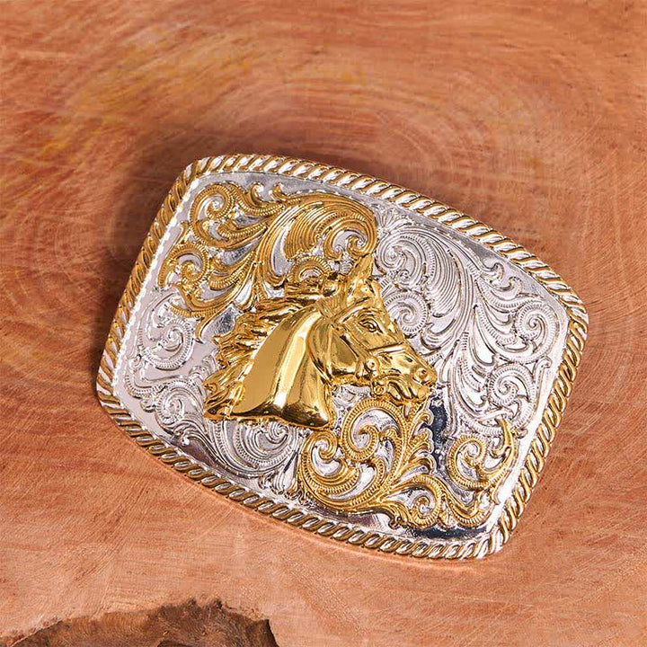 DIY-Ledergürtel mit großer Schnalle und Pferdekopf in Gold und Silber - image 2