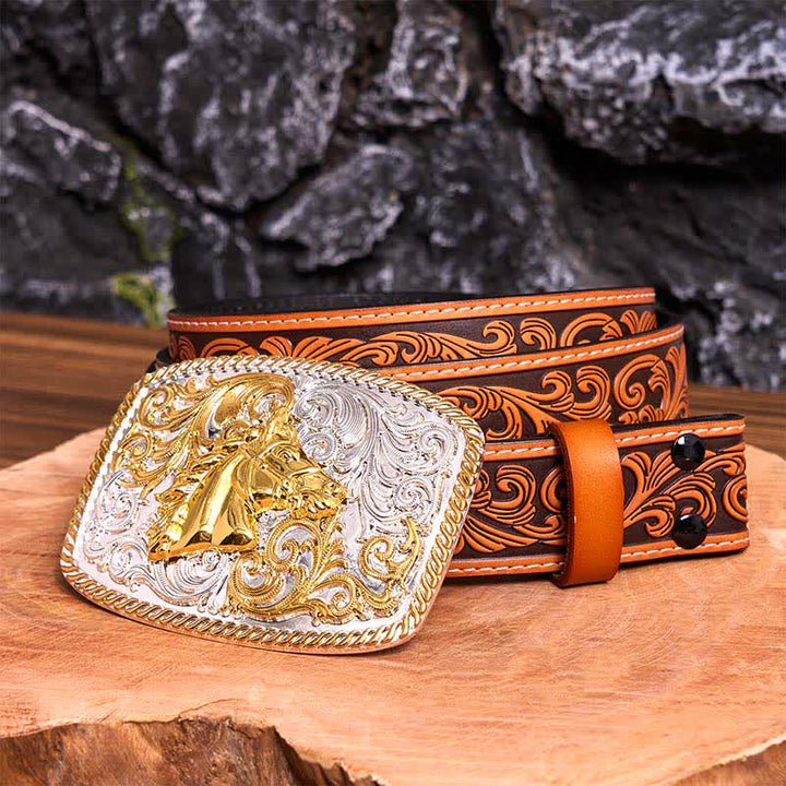 DIY-Ledergürtel mit großer Schnalle und Pferdekopf in Gold und Silber - Pferdekopf - Orangefarbener Gürtel mit geprägtem Blumenmuster - 42 - image 10