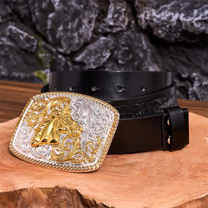 DIY-Ledergürtel mit großer Schnalle und Pferdekopf in Gold und Silber - Pferdekopf - Schwarzer Gürtel mit geprägtem Adler - 42 - image 6