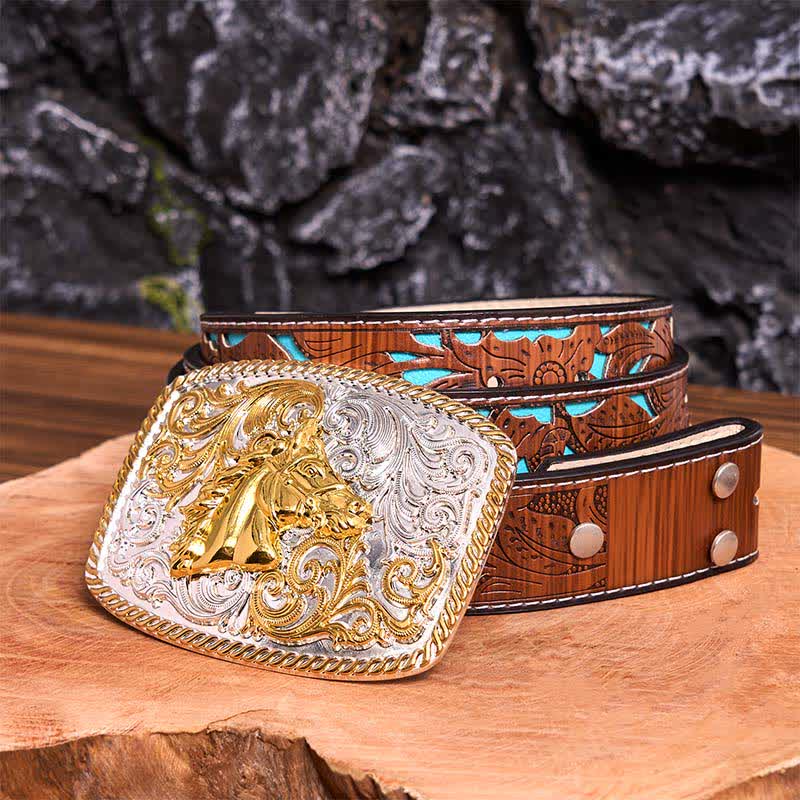 DIY-Ledergürtel mit großer Schnalle und Pferdekopf in Gold und Silber - Pferdekopf - Türkisfarbener geschnitzter Gürtel - 42 - image 7