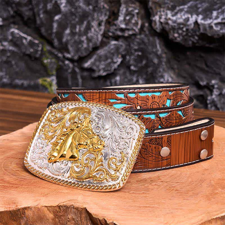 DIY-Ledergürtel mit großer Schnalle und Pferdekopf in Gold und Silber - Pferdekopf - Türkisfarbener geschnitzter Gürtel - 42 - image 7