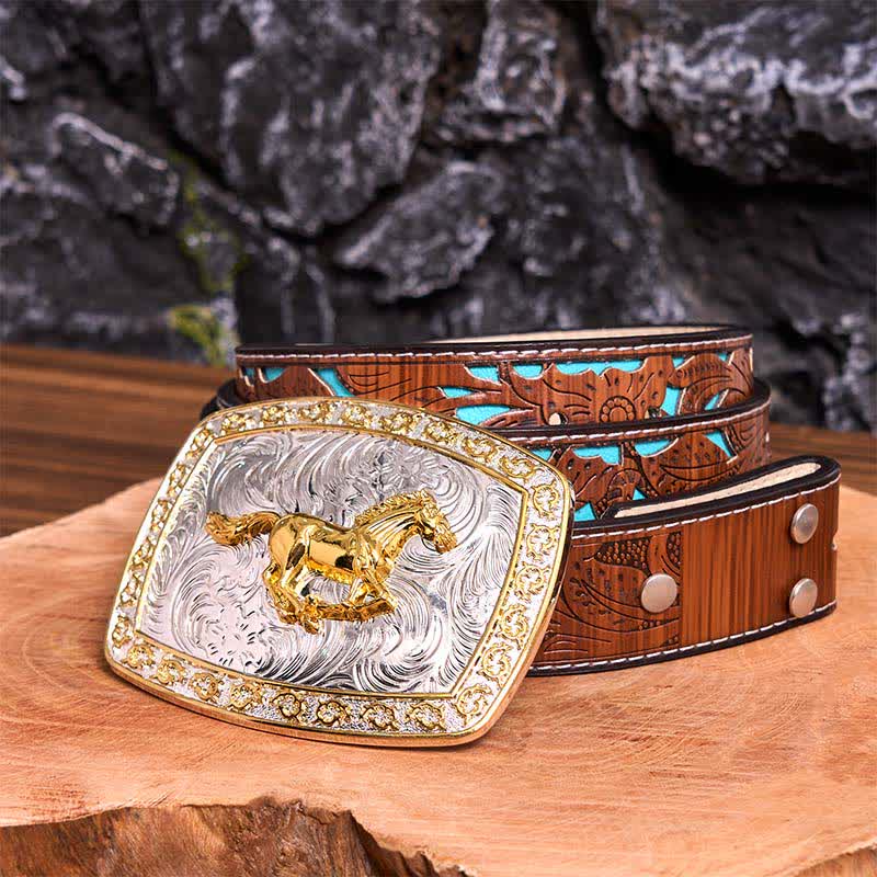 DIY-Ledergürtel mit großer Schnalle und laufendem Pferd in Gold und Silber - Laufendes Pferd - Türkisfarbener geschnitzter Gürtel - 42 - image 7