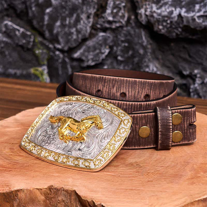DIY-Ledergürtel mit großer Schnalle und laufendem Pferd in Gold und Silber - Laufendes Pferd - Brauner Distressed-Gürtel - 42 - image 9