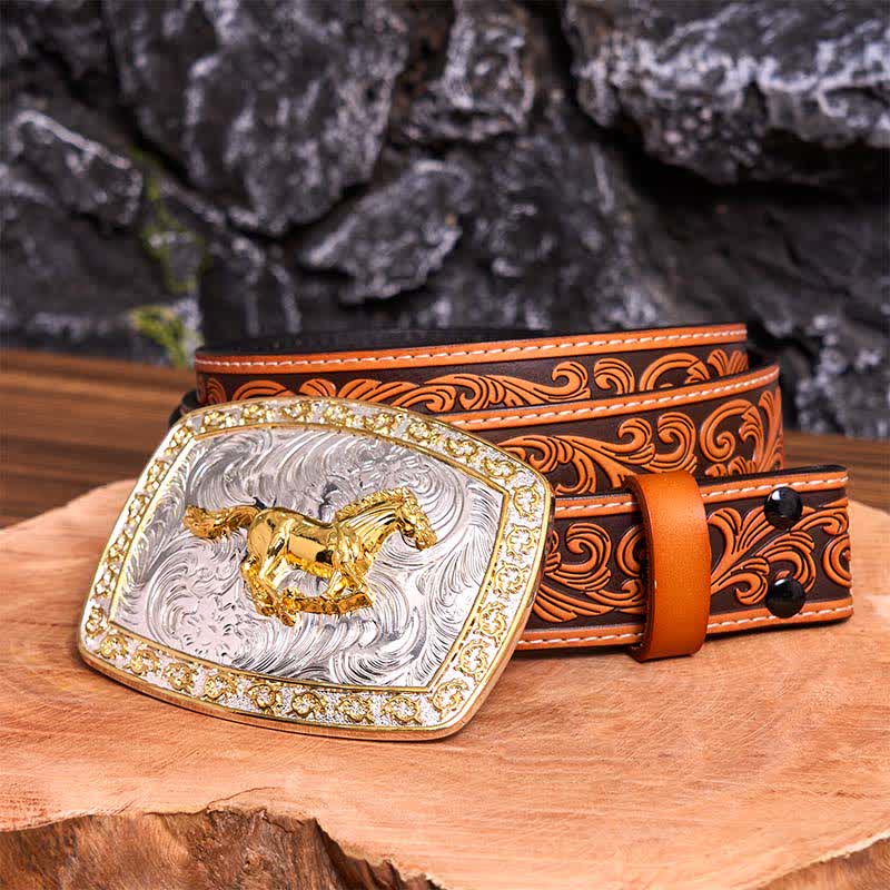 DIY-Ledergürtel mit großer Schnalle und laufendem Pferd in Gold und Silber - Laufendes Pferd - Orangefarbener Gürtel mit Blumenprägung - 42 - image 10