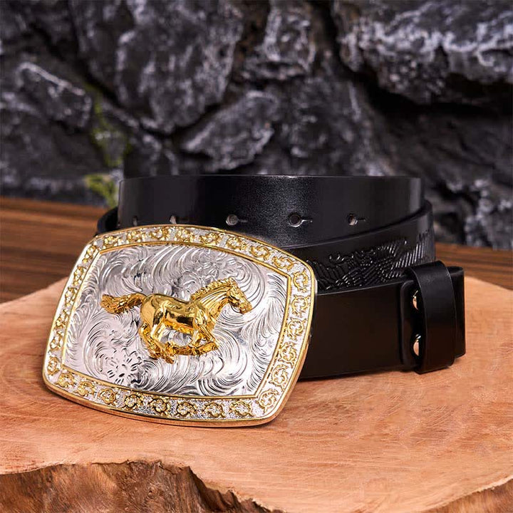 DIY-Ledergürtel mit großer Schnalle und laufendem Pferd in Gold und Silber - Laufendes Pferd - Schwarzer Gürtel mit geprägtem Adler - 42 - image 6
