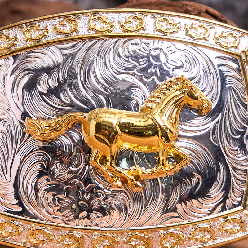 DIY-Ledergürtel mit großer Schnalle und laufendem Pferd in Gold und Silber - image 4