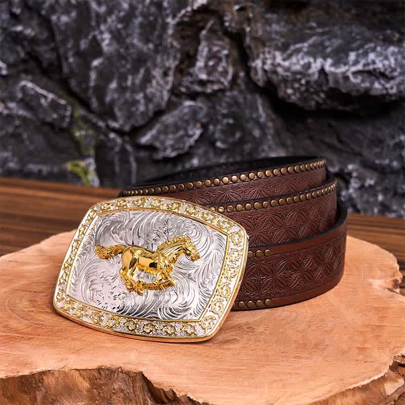 DIY-Ledergürtel mit großer Schnalle und laufendem Pferd in Gold und Silber - Laufendes Pferd - Brauner Nietengürtel - 42 - image 8