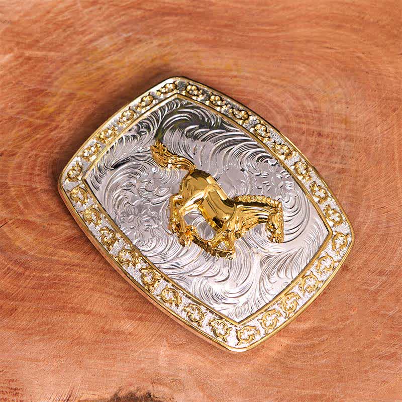 DIY-Ledergürtel mit großer Schnalle und laufendem Pferd in Gold und Silber - image 2