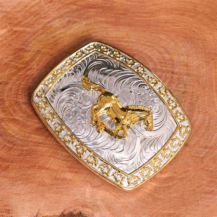 DIY-Ledergürtel mit großer Schnalle und laufendem Pferd in Gold und Silber - image 2