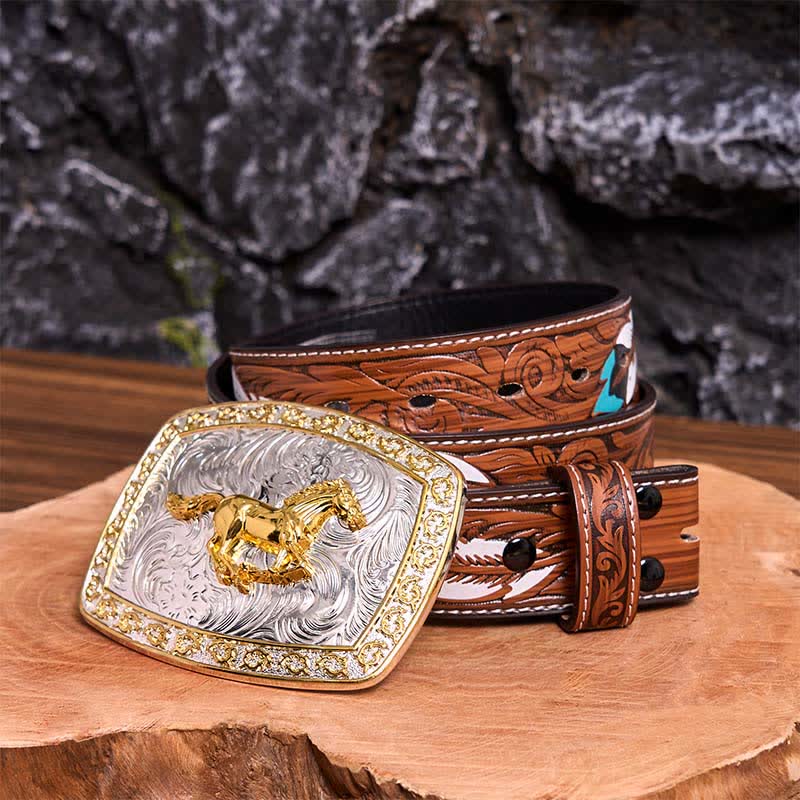 DIY-Ledergürtel mit großer Schnalle und laufendem Pferd in Gold und Silber - Laufendes Pferd - Brauner Federgürtel - 40 - image 11