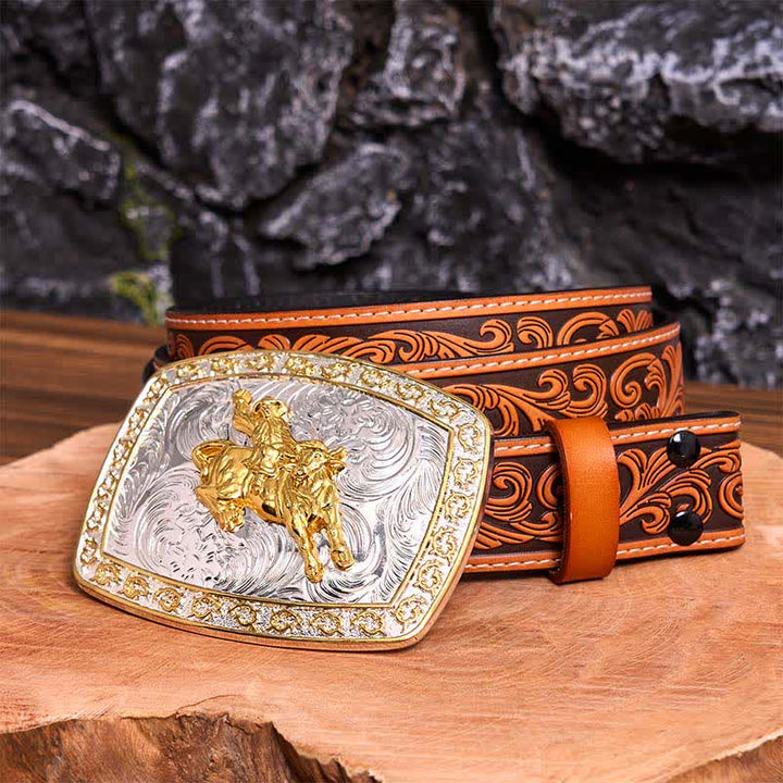 Gold & Silber Reiten DIY große Schnalle Ledergürtel - Reiten - Orangefarbener Gürtel mit Blumenprägung - 42 - image 10