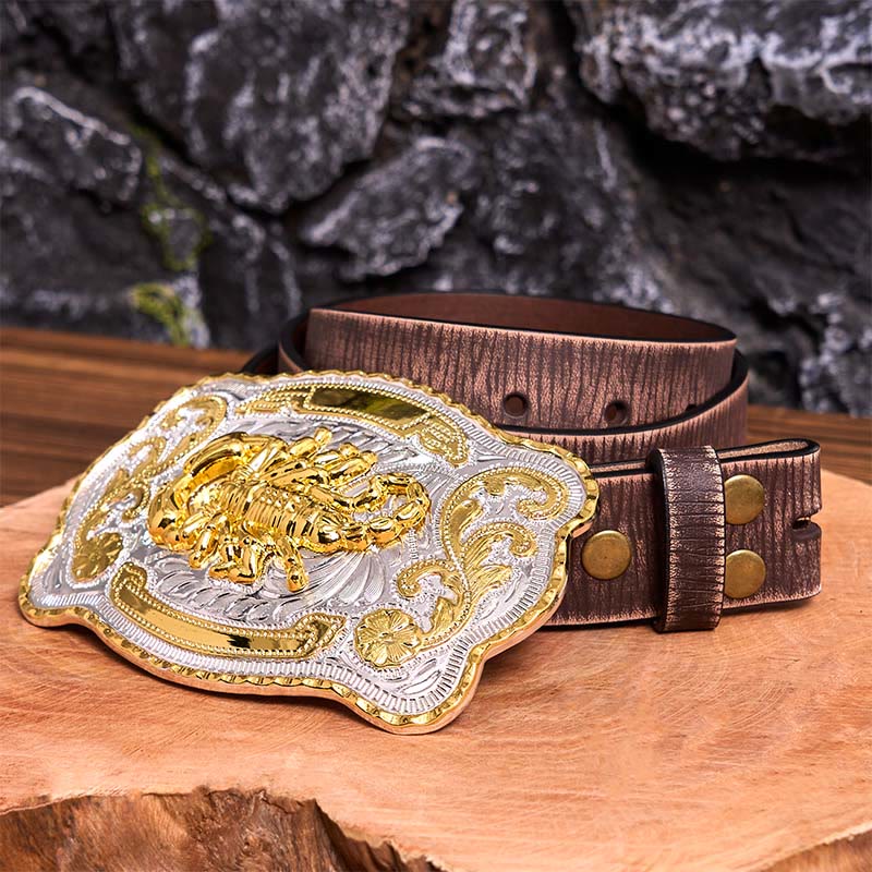 Gold Silber Floral Skorpion DIY Schnalle Ledergürtel - Skorpion - Brauner Distressed-Gürtel - 42 - image 9
