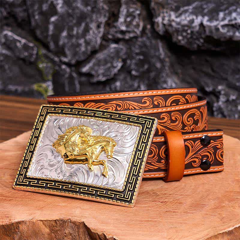 Goldener & schwarzer rechteckiger Ledergürtel mit Doppelpferden, große Schnalle - Doppelpferde - Orangefarbener Gürtel mit Blumenprägung - 42 - image 10