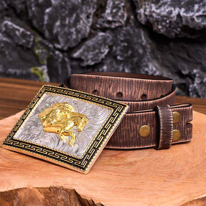 Goldener & schwarzer rechteckiger Ledergürtel mit Doppelpferden, große Schnalle - Doppelpferde - Brauner Distressed-Gürtel - 42 - image 9