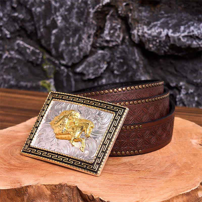 Goldener & schwarzer rechteckiger Ledergürtel mit Doppelpferden, große Schnalle - Doppelpferde - Brauner Nietengürtel - 42 - image 8