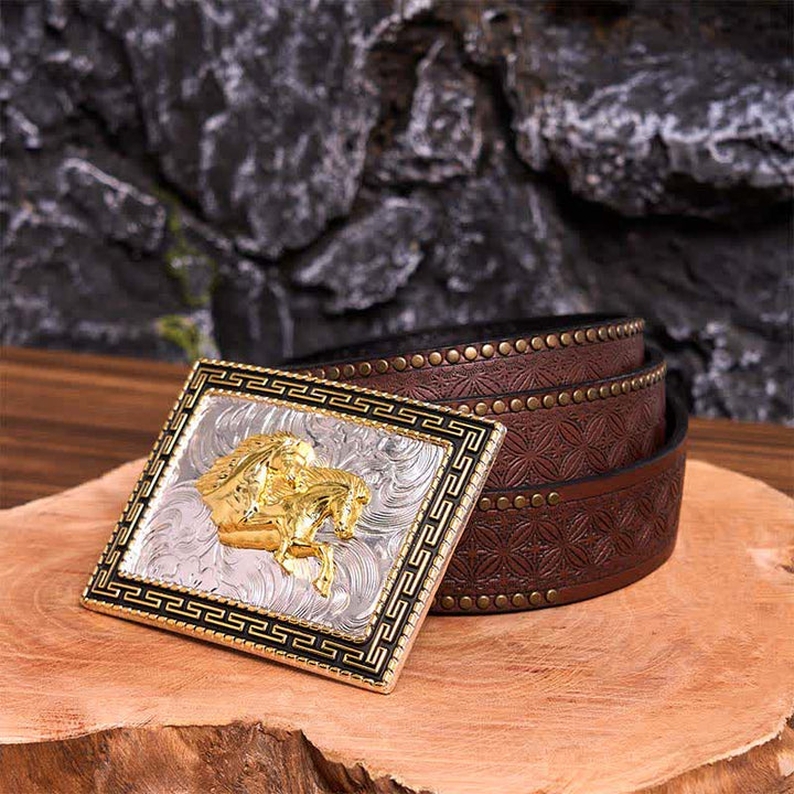 Goldener & schwarzer rechteckiger Ledergürtel mit Doppelpferden, große Schnalle - Doppelpferde - Brauner Nietengürtel - 42 - image 8