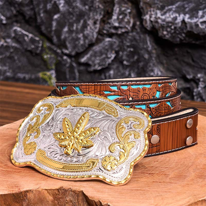Gold Silber Floral Ahorn DIY Schnalle Ledergürtel - Ahorn - Türkisfarbener geschnitzter Gürtel - 42 - image 7
