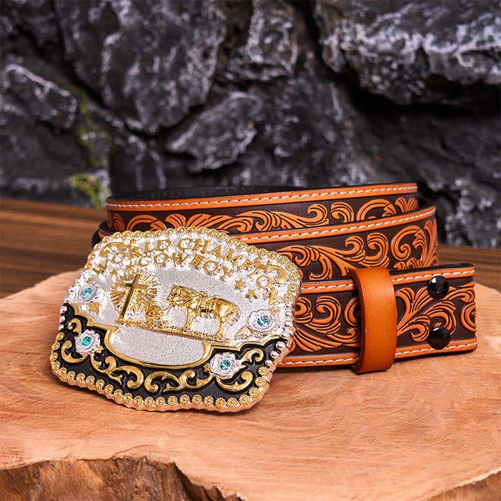 DIY-Weltmeister-Cowboy-Betendes Kreuz, große Schnalle, Ledergürtel - Gebet - Orangefarbener Gürtel mit geprägtem Blumenmuster - 42 - image 10