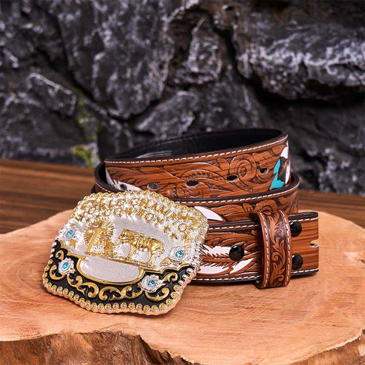 DIY-Weltmeister-Cowboy-Betendes Kreuz, große Schnalle, Ledergürtel - Gebet - Brauner Federgürtel - 40 - image 11