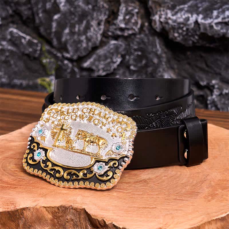 DIY-Weltmeister-Cowboy-Betendes Kreuz, große Schnalle, Ledergürtel - Gebet - Schwarzer Gürtel mit geprägtem Adler - 42 - image 6