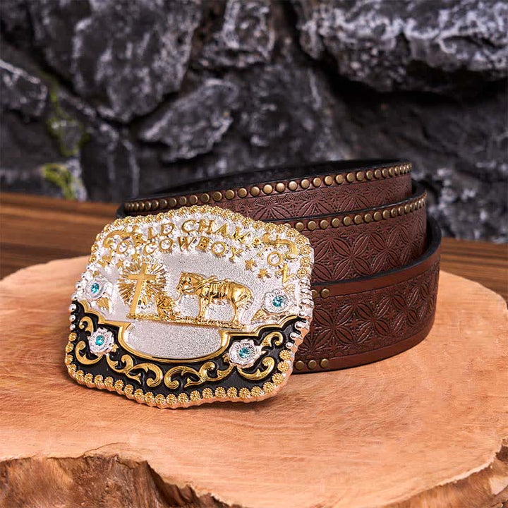 DIY-Weltmeister-Cowboy-Betendes Kreuz, große Schnalle, Ledergürtel - Gebet - Brauner Nietengürtel - 42 - image 8