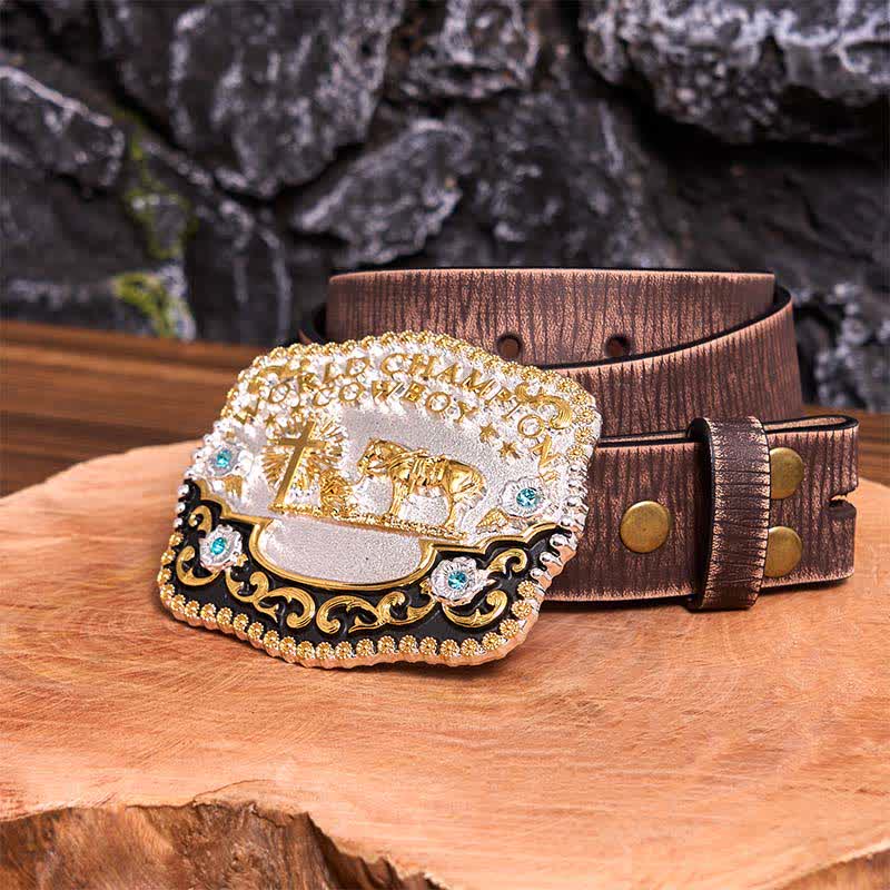 DIY-Weltmeister-Cowboy-Betendes Kreuz, große Schnalle, Ledergürtel - Gebet - Brauner Distressed-Gürtel - 42 - image 9
