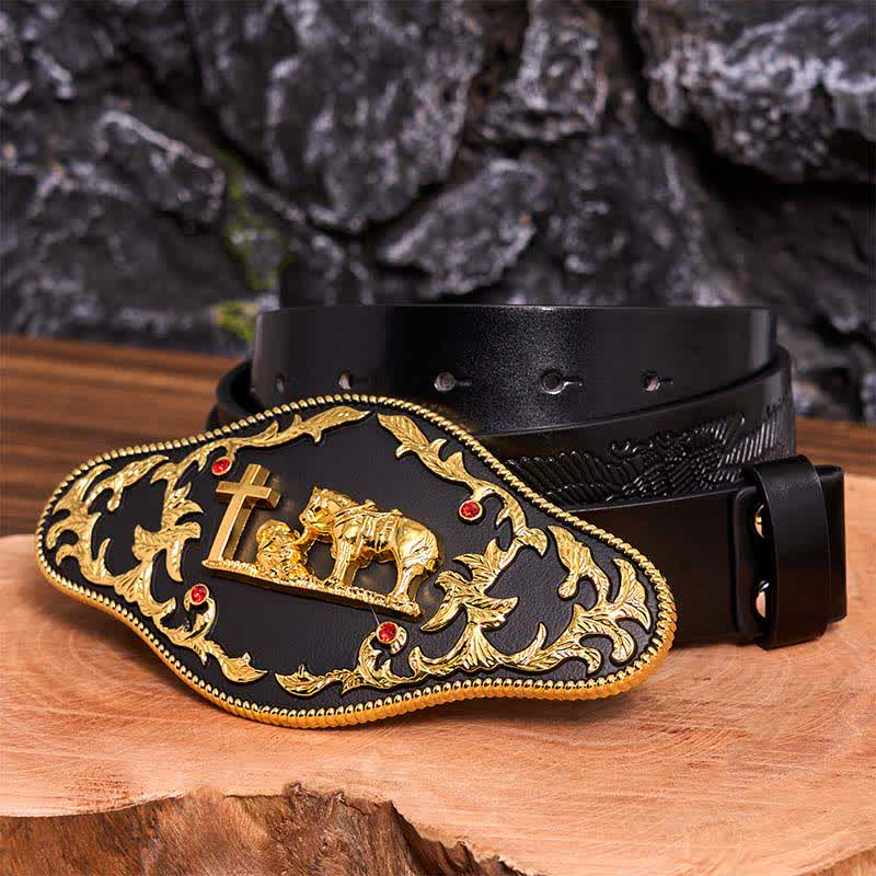 Schwarz-goldener DIY-Ledergürtel mit betender Kreuzschnalle - Gebet - Schwarzer Gürtel mit geprägtem Adler - 42 - image 6