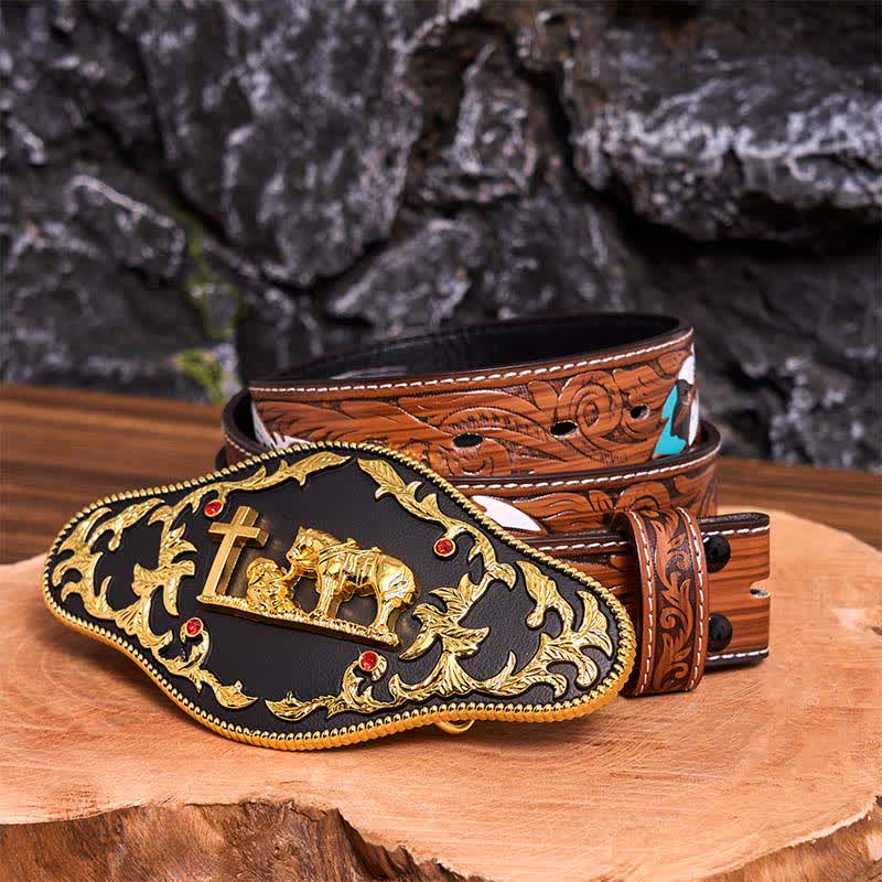 Schwarz-goldener DIY-Ledergürtel mit betender Kreuzschnalle - Gebet - Brauner Federgürtel - 40 - image 11
