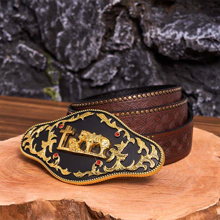 Schwarz-goldener DIY-Ledergürtel mit betender Kreuzschnalle - Gebet - Brauner Nietengürtel - 42 - image 8