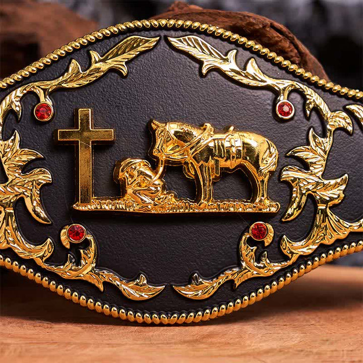 Schwarz-goldener DIY-Ledergürtel mit betender Kreuzschnalle - image 4