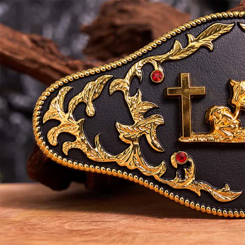 Schwarz-goldener DIY-Ledergürtel mit betender Kreuzschnalle - image 5
